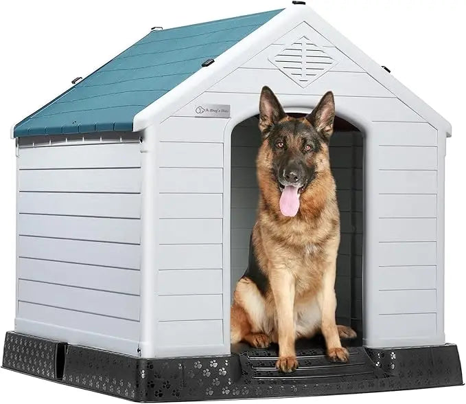 Durable Waterproof Plastic Dog House for Small to Large Sized Dogs, Indoor Outdoor Doghouse Puppy Shelter with Elevated Floor