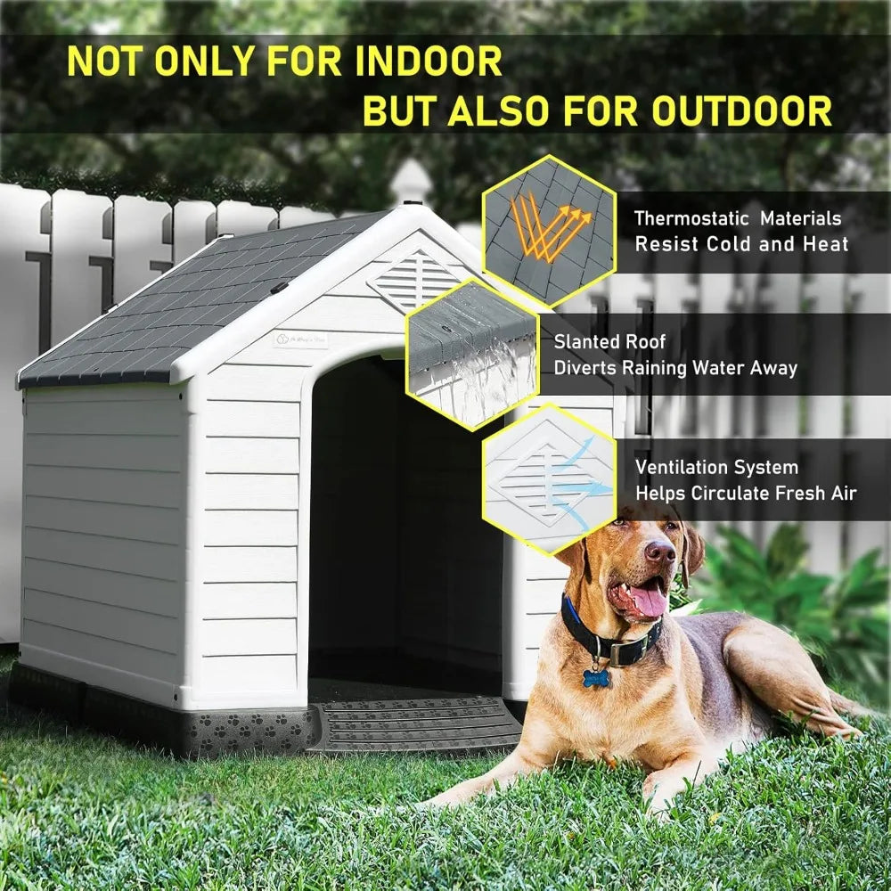 Durable Waterproof Plastic Dog House for Small to Large Sized Dogs, Indoor Outdoor Doghouse Puppy Shelter with Elevated Floor