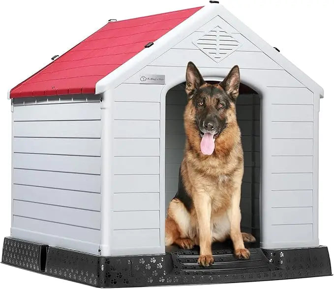 Durable Waterproof Plastic Dog House for Small to Large Sized Dogs, Indoor Outdoor Doghouse Puppy Shelter with Elevated Floor