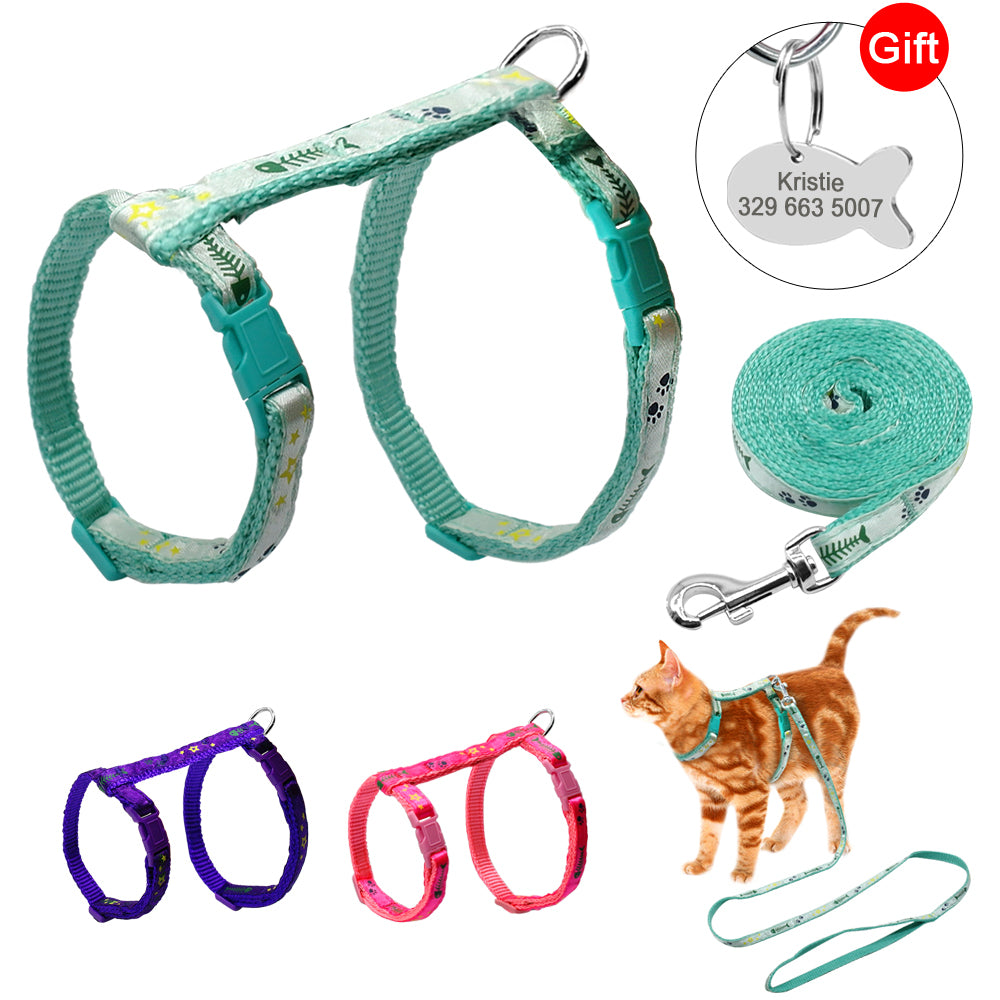 Cat Harness and Leash Set with Engrave-able Tag
