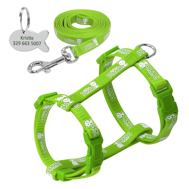 Glow in the Dark Cat Harness and Leash Set With Engrave-able Tag